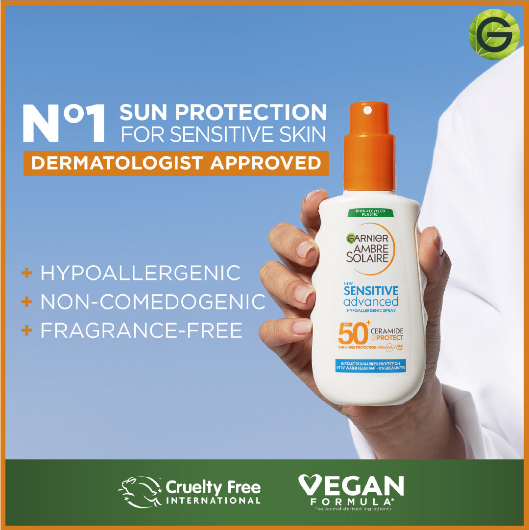 Garnier Ambre Solaire Sensitive Advanced SPF 50+ Ceramide Protect Sunscreen Spray For Adults 150ml - Medaid