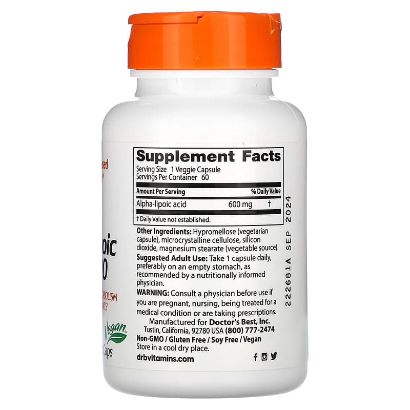 Doctor's Best, Alpha-Lipoic Acid 600, 600 mg, 60 Veggie Caps - Medaid