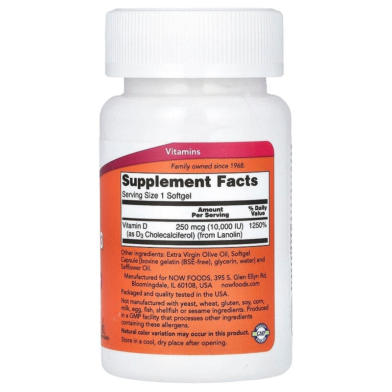 NOW Foods, Vitamin D-3, High Potency, 10,000 IU, 30 Softgels - Medaid
