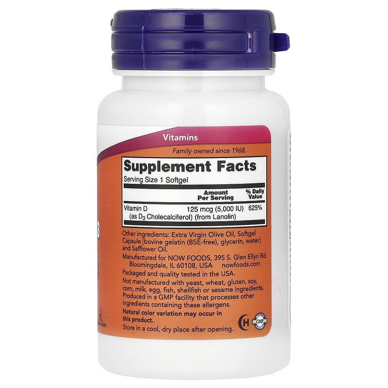 NOW Foods, Vitamin D-3, High Potency, 5,000 IU, 30 Softgels - Medaid