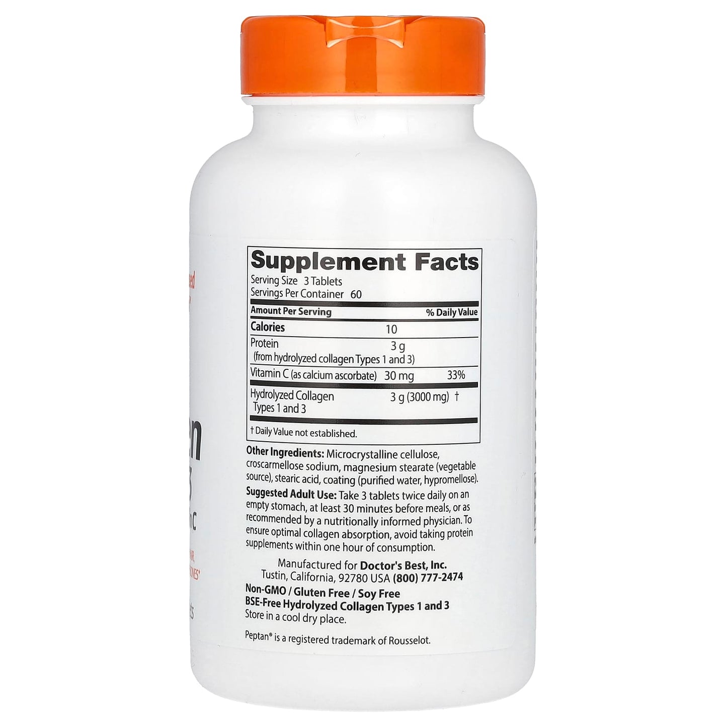 Doctor's Best, Collagen Types 1 and 3 with Peptan and Vitamin C, 180 Tablets - Medaid