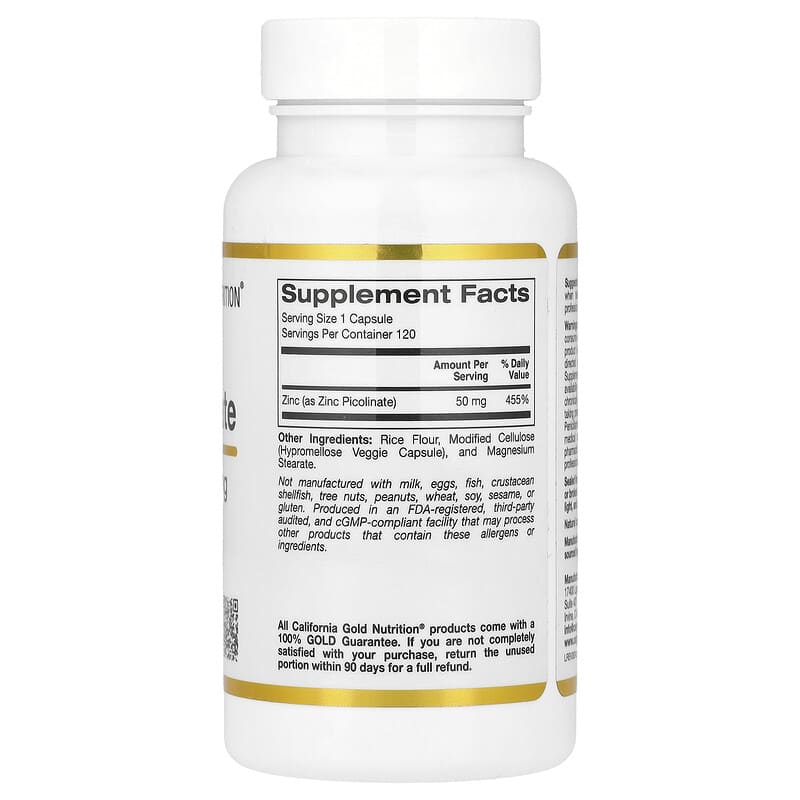 California Gold Nutrition, Zinc Picolinate, 50 mg, 120 Veggie Capsules - Medaid