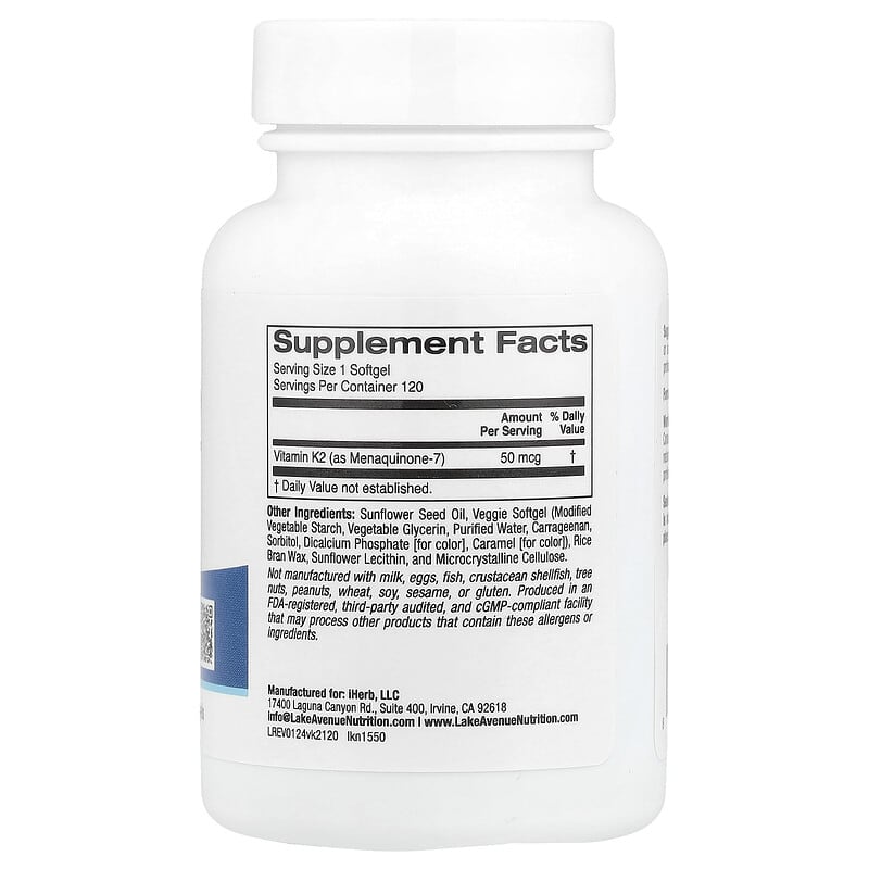 Lake Avenue Nutrition, Vitamin K2 (as Menaquinone-7), 120 Softgels - Medaid