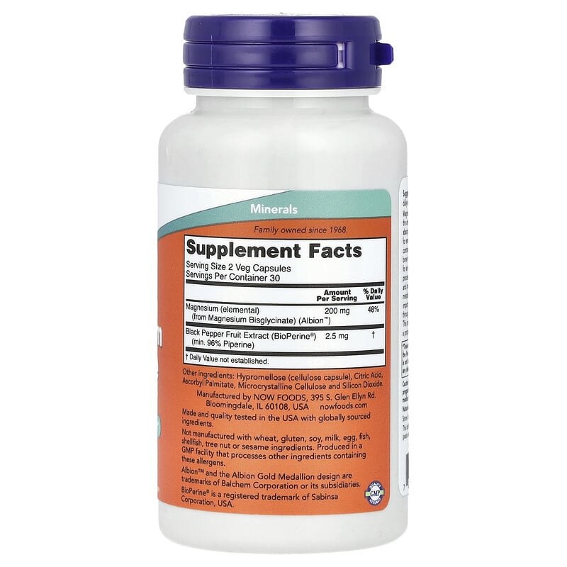 NOW Foods, Magnesium Glycinate, 60 Veg Capsules - Medaid