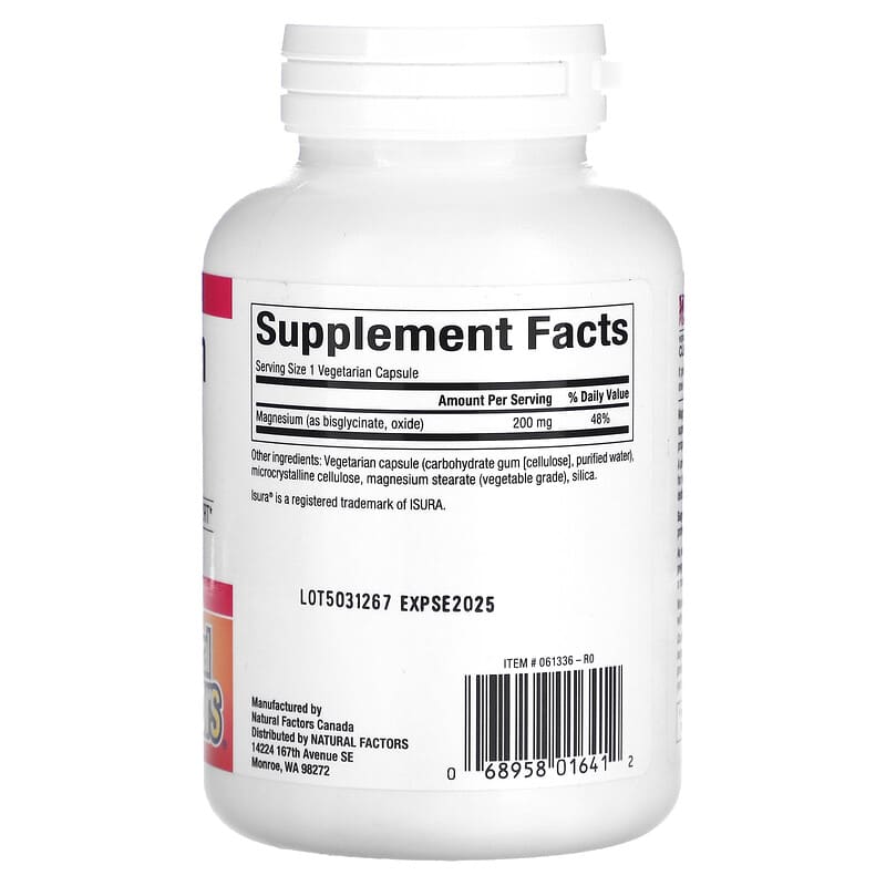 Natural Factors, Magnesium Bisglycinate, 200 mg, 120 Vegetarian Capsules - Medaid