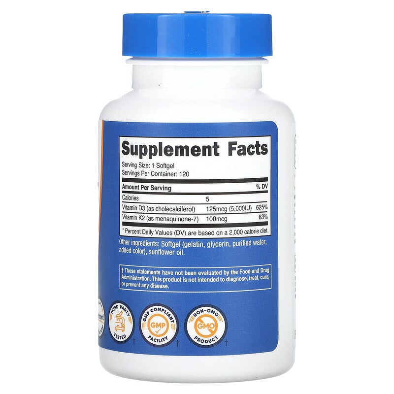 Nutricost, Vitamin K2 + Vitamin D3, 120 Softgels - Medaid