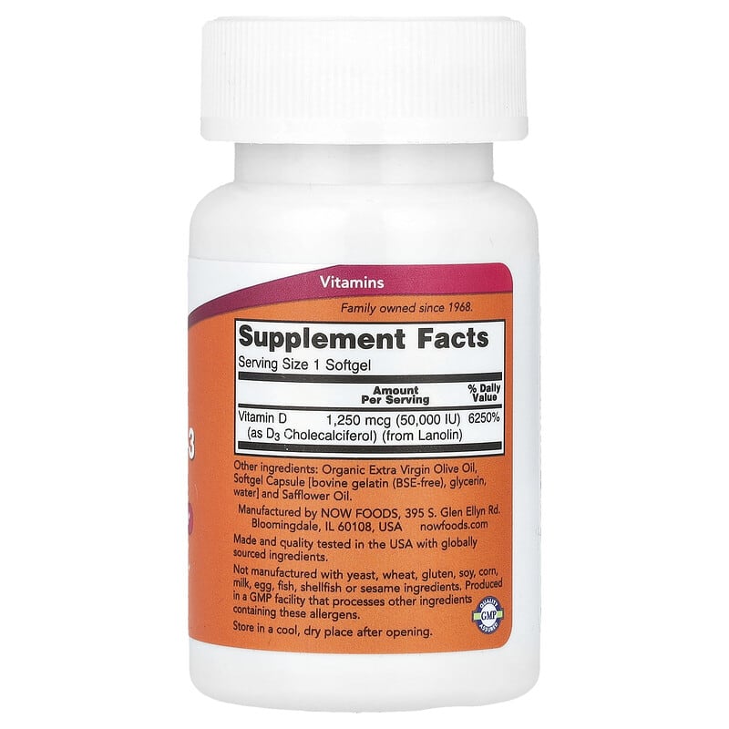 NOW Foods, Vitamin D-3, Max Potency, 50,000 IU, 12 Softgels - Medaid