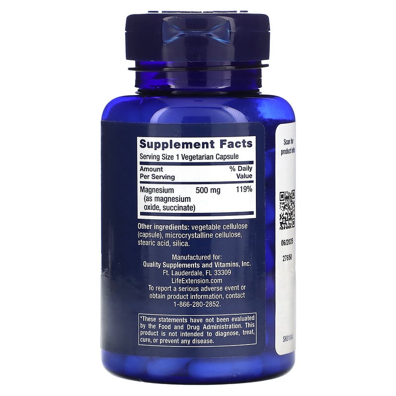 Life Extension, Magnesium Caps , 500 mg, 100 Vegetarian Capsules - Medaid