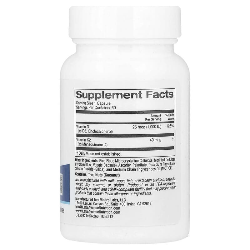 Lake Avenue Nutrition, Vitamin D3 + K2, 60 Veggie Capsules - Medaid