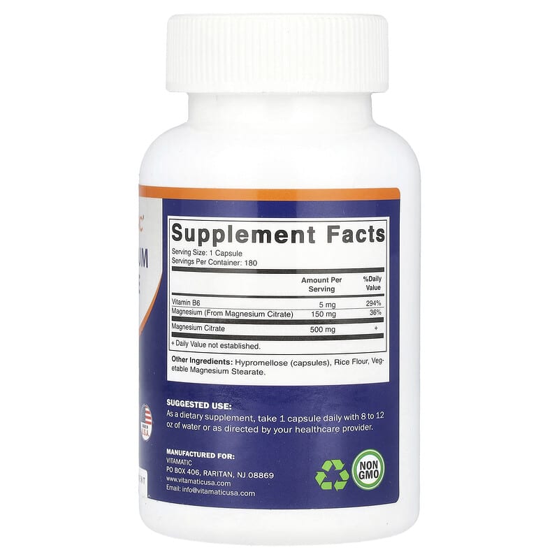 Vitamatic, Magnesium Citrate with B6, 180 Vegetarian Capsules - Medaid