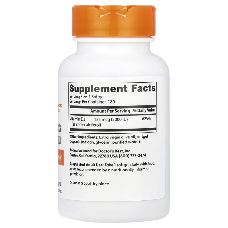 Doctor's Best, Vitamin D3, 125 mcg (5,000 IU), 180 Softgels - Medaid