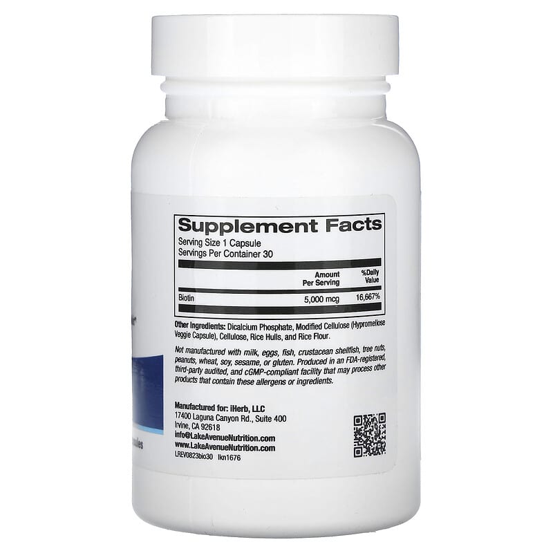 Lake Avenue Nutrition, Biotin, 5,000 mcg, 30 Veggie Capsules - Medaid