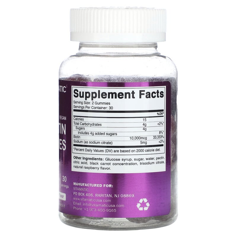 Vitamatic, Vegan Biotin Gummies, Natural Raspberry, 10,000 mcg, 60 Gummies - Medaid