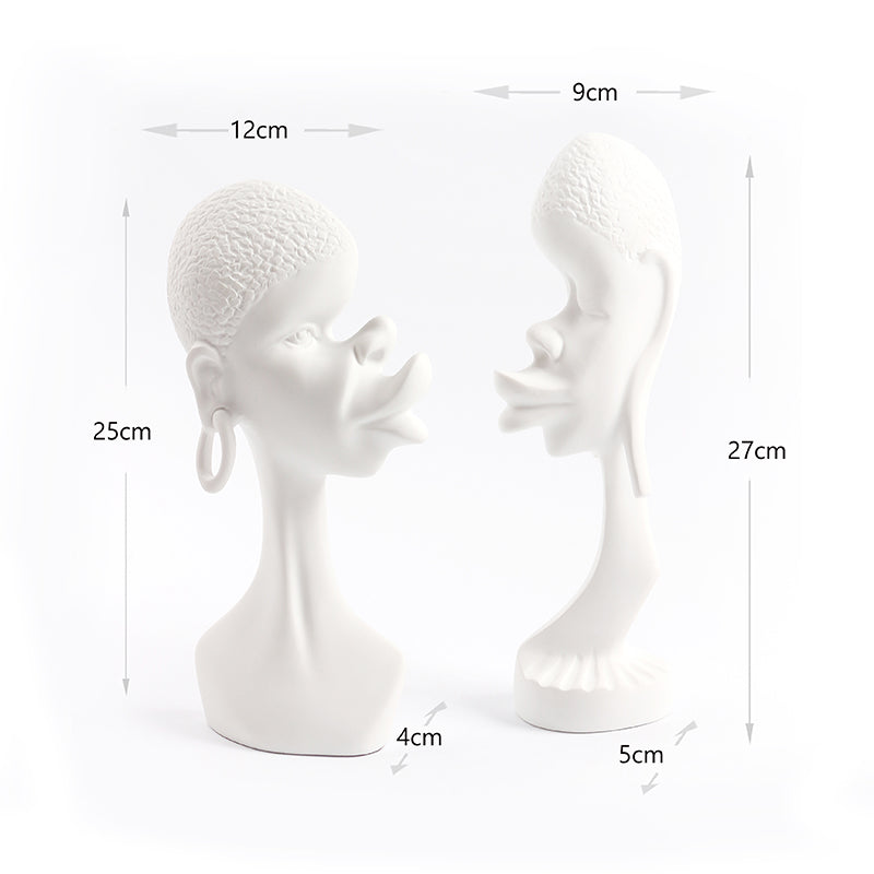 2 Pieces Resin Abstract African Couple Head Sculptures Art Statues for Home and Office White - Medaid