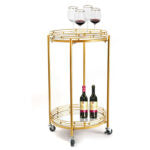 2 Tier Metal Round Mirrored Bar Cart Home Bar Serving Trolley with 4 Wheels with Brake for Kitchen Living Room Hotels - Medaid