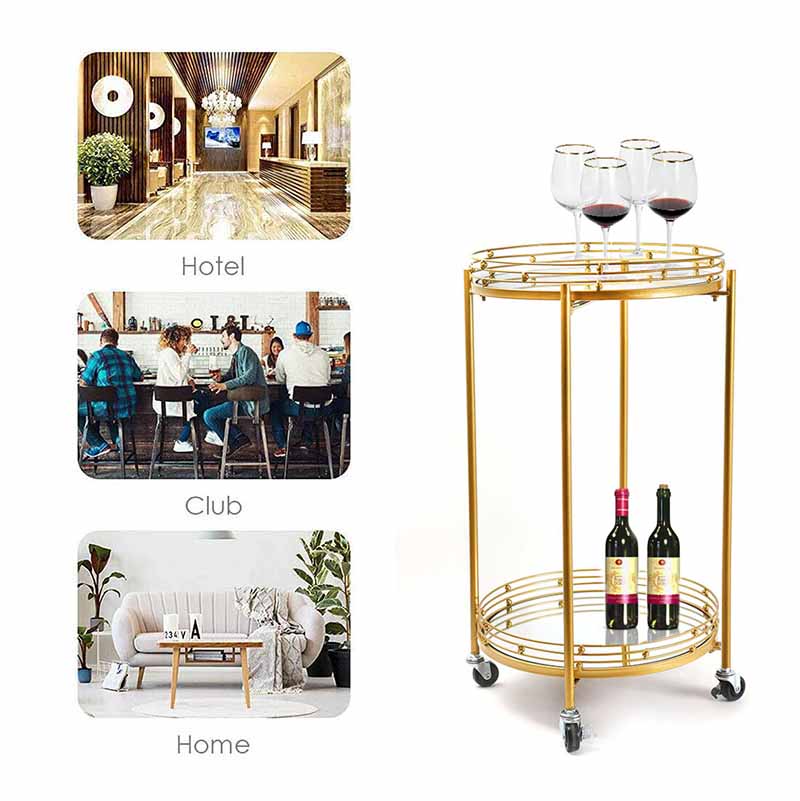 2 Tier Metal Round Mirrored Bar Cart Home Bar Serving Trolley with 4 Wheels with Brake for Kitchen Living Room Hotels - Medaid