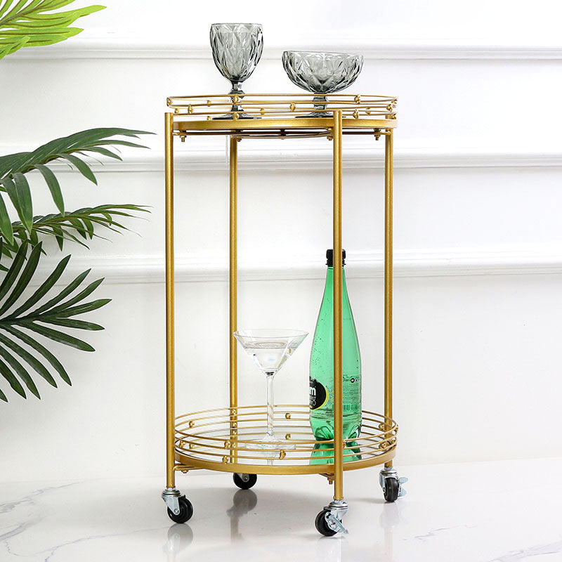 2 Tier Metal Round Mirrored Bar Cart Home Bar Serving Trolley with 4 Wheels with Brake for Kitchen Living Room Hotels - Medaid