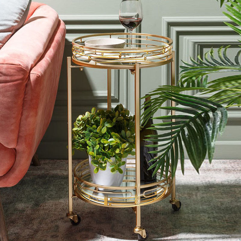 2 Tier Metal Round Mirrored Bar Cart Home Bar Serving Trolley with 4 Wheels with Brake for Kitchen Living Room Hotels - Medaid