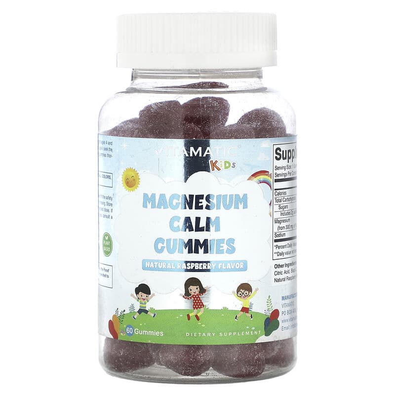 Vitamatic, Kids, Magnesium Calm Gummies, Natural Raspberry, 60 Gummies - Medaid