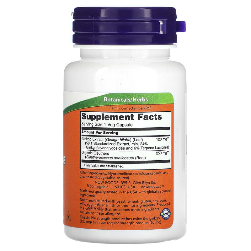 NOW Foods, Ginkgo Biloba, Double Strength, 120 mg, 50 Veg Capsules - Medaid