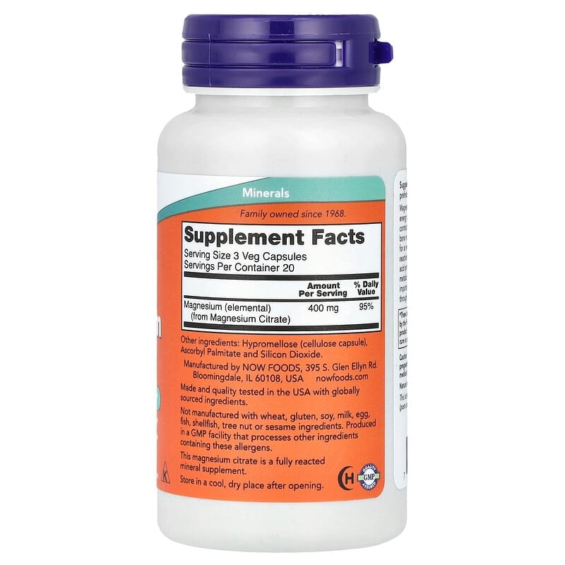 NOW Foods, Magnesium Citrate, 60 Veg Capsules - Medaid