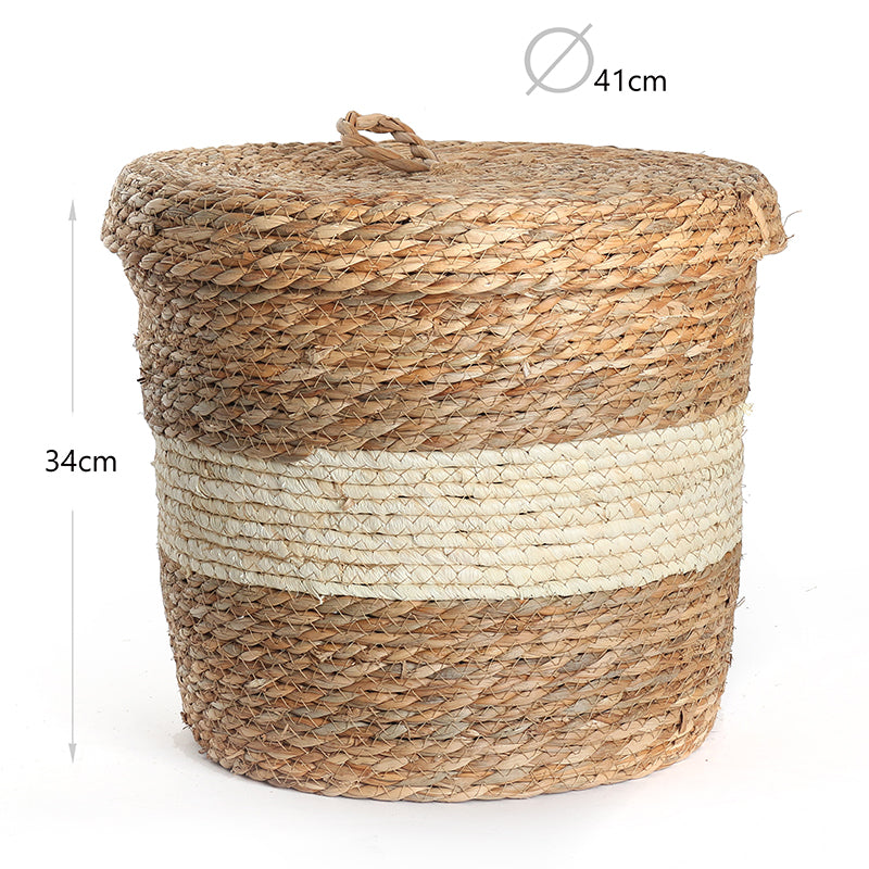 34 CM Multipurpose Handmade Wicker Woven Round Storage Basket with Lid Organizing Basket for Living Room Bedroom Nursery and Laundry - Medaid