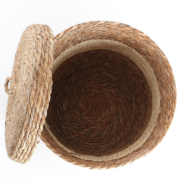 34 CM Multipurpose Handmade Wicker Woven Round Storage Basket with Lid Organizing Basket for Living Room Bedroom Nursery and Laundry - Medaid