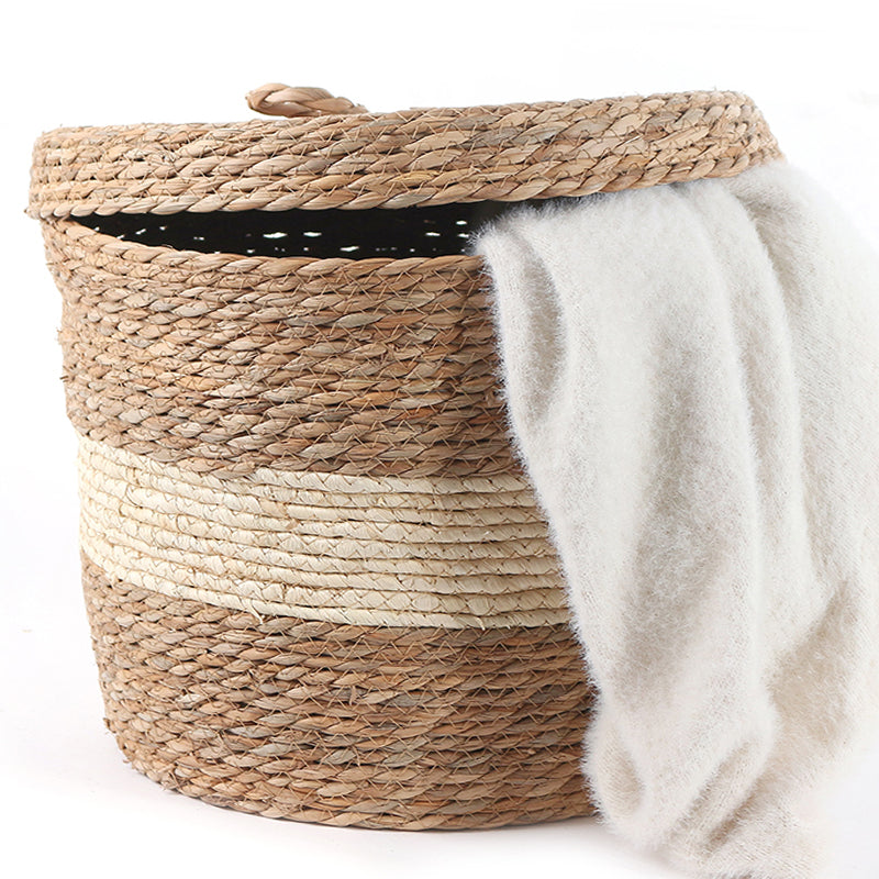34 CM Multipurpose Handmade Wicker Woven Round Storage Basket with Lid Organizing Basket for Living Room Bedroom Nursery and Laundry - Medaid