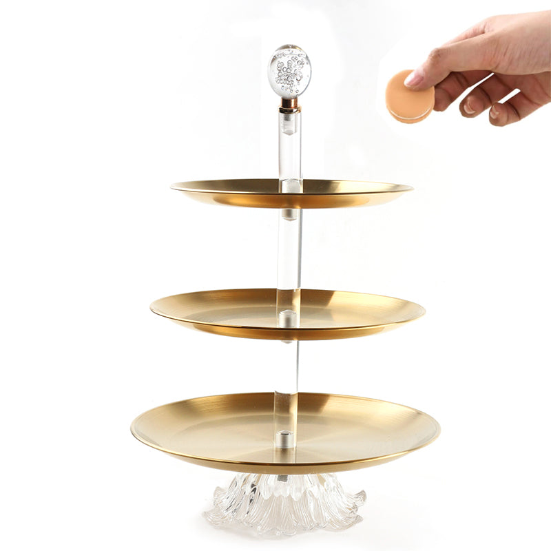 3 Tier Stainless Steel Round Cupcake Holder with Ball Handle Display Stand with Glass Base for Cake Candies Desserts Appetizers Gold - Medaid