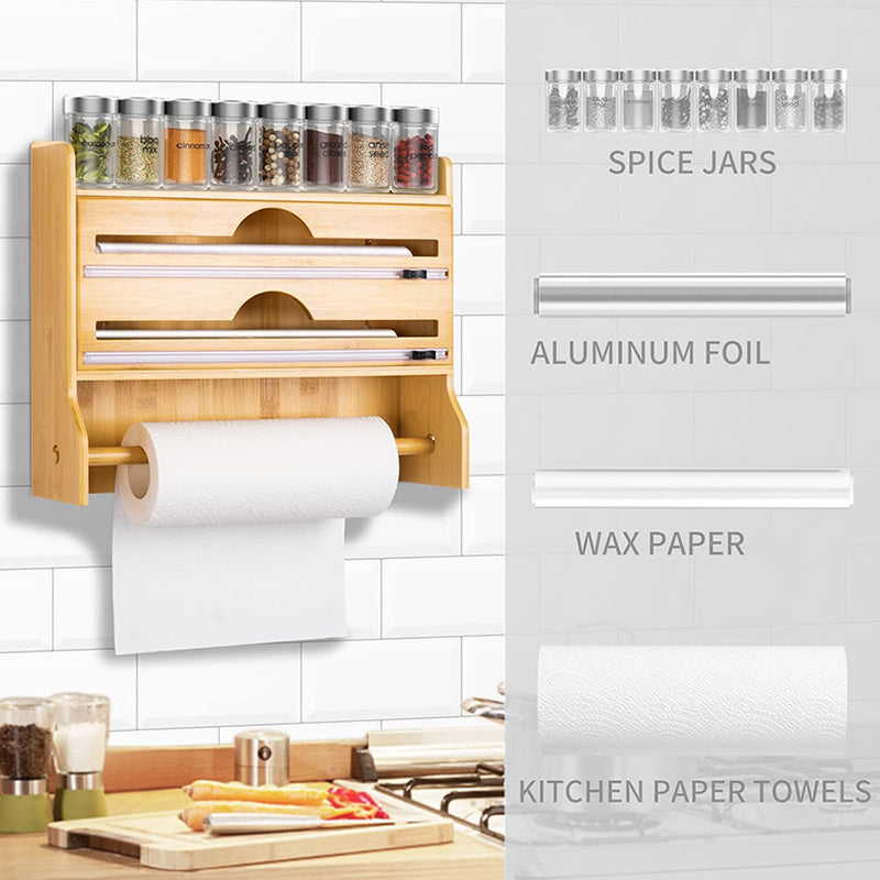 4 in 1 Bamboo Ziplock Foil and Plastic Wrap Organizer with Cutter for Kitchen Drawer or Wall Mount Spice Storage Rack and Kitchen Paper Holder - Medaid