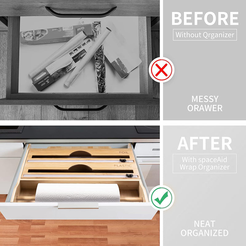 4 in 1 Bamboo Ziplock Foil and Plastic Wrap Organizer with Cutter for Kitchen Drawer or Wall Mount Spice Storage Rack and Kitchen Paper Holder - Medaid
