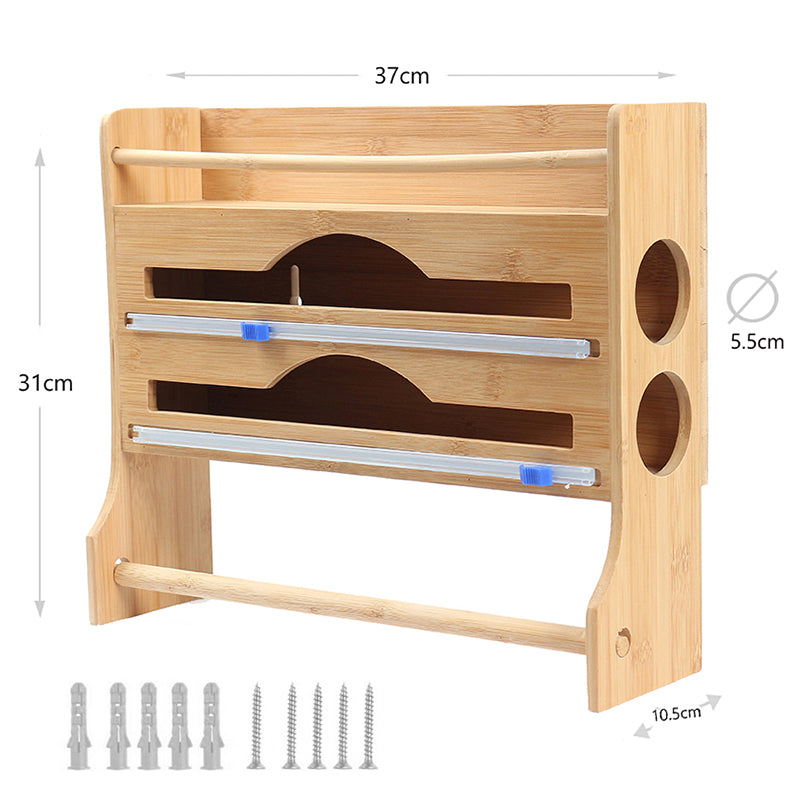4 in 1 Bamboo Ziplock Foil and Plastic Wrap Organizer with Cutter for Kitchen Drawer or Wall Mount Spice Storage Rack and Kitchen Paper Holder - Medaid