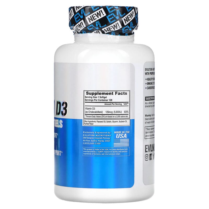 EVLution Nutrition, Vitamin D3, 5,000 IU, 120 Softgels - Medaid