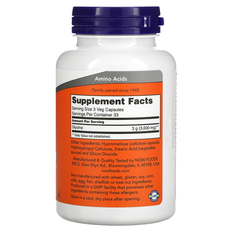 NOW Foods, Glycine, 1,000 mg, 100 Veg Capsules - Medaid