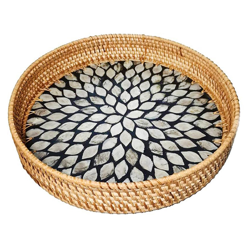 28 CM Handmade Round Rattan Tray with Black Shell Bottom Woven Serving Tray for Food Drink Snack Coffee Table Decor - Medaid