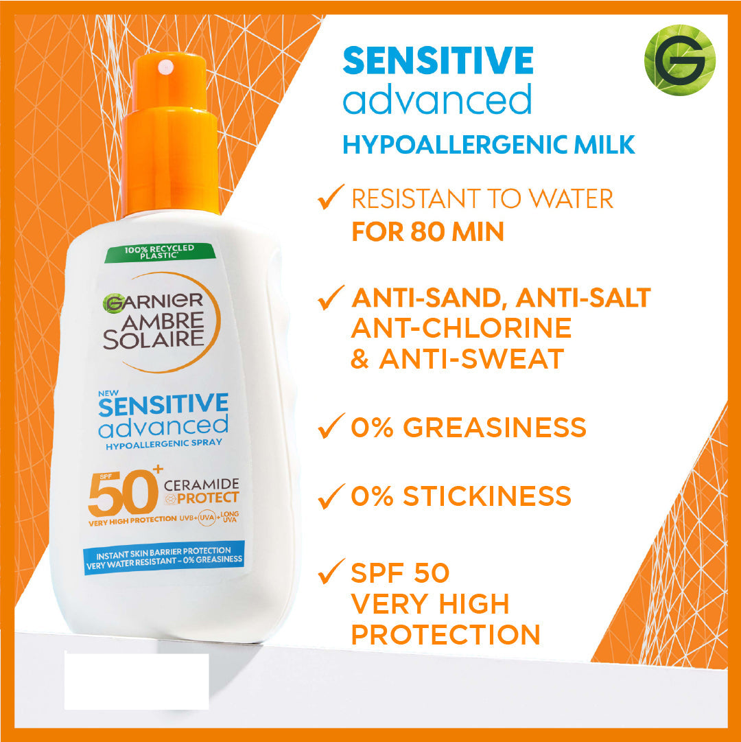 Garnier Ambre Solaire Sensitive Advanced SPF 50+ Ceramide Protect Sunscreen Spray For Adults 150ml - Medaid