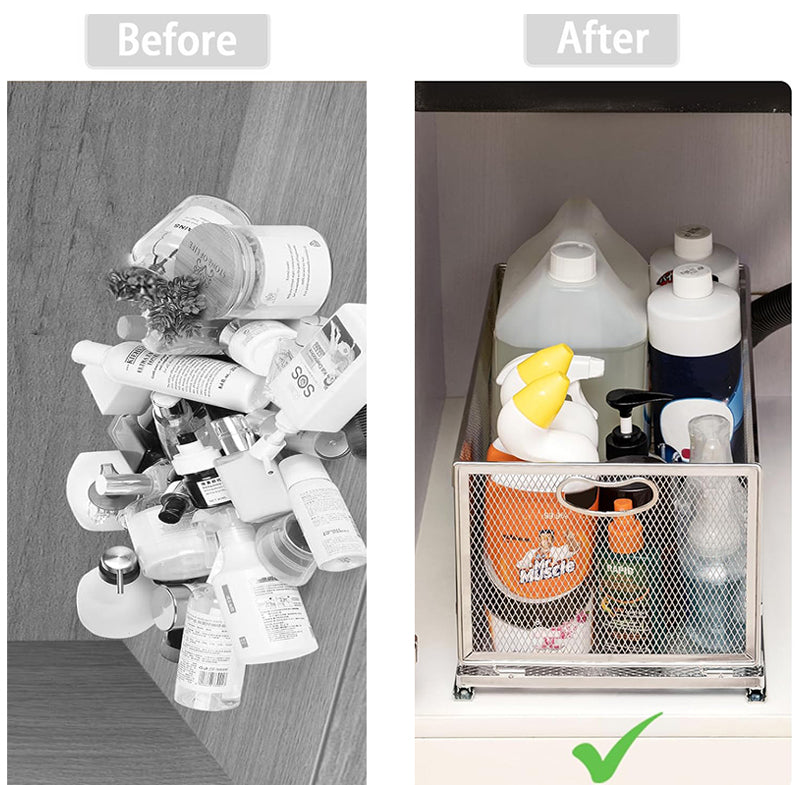 40 CM Pull Out Cabinet Organizer with Adhesive Nano Film Slide Out Pantry Shelves Slide Cabinet Storage Basket with Handle for Kitchen Under Sink - Medaid
