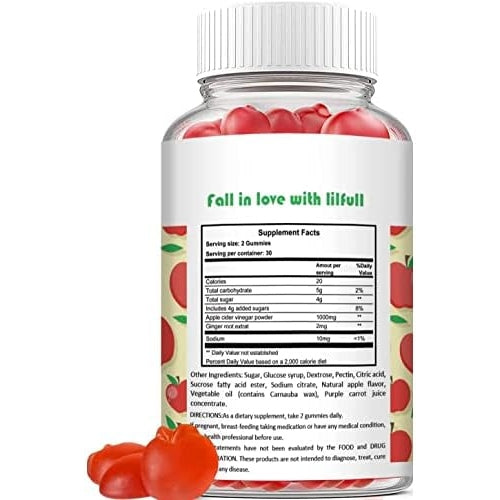 Lilfull Apple Cider Vinegar 1000mg 60 Vegan Gummies with Ginger Root Extract Supports Immune Health & Multi Benefit Blend to Help Weight Loss | Apple Cider Vinegar Dietary Supplement for Men Women - Medaid