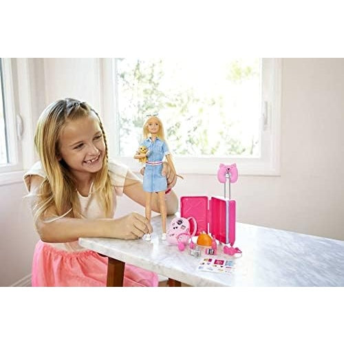 Barbie Travel Doll, Blonde, With Puppy, Opening Suitcase, Stickers And 10+ Accessories, For 3 To 7 Year Olds, Multicolor - Medaid