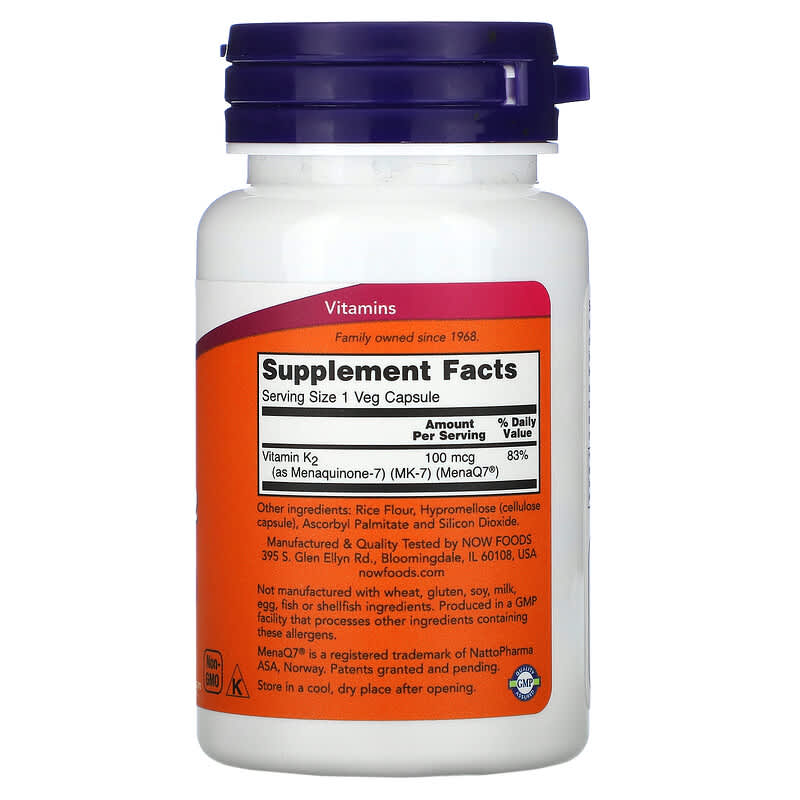 NOW Foods, MK-7 Vitamin K-2, 100 mcg, 60 Veg Capsules - Medaid