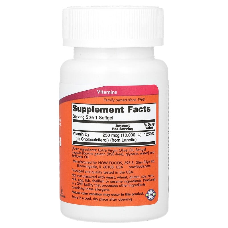 NOW Foods, Vitamin D-3, High Potency, 10,000 IU, 240 Softgels - Medaid