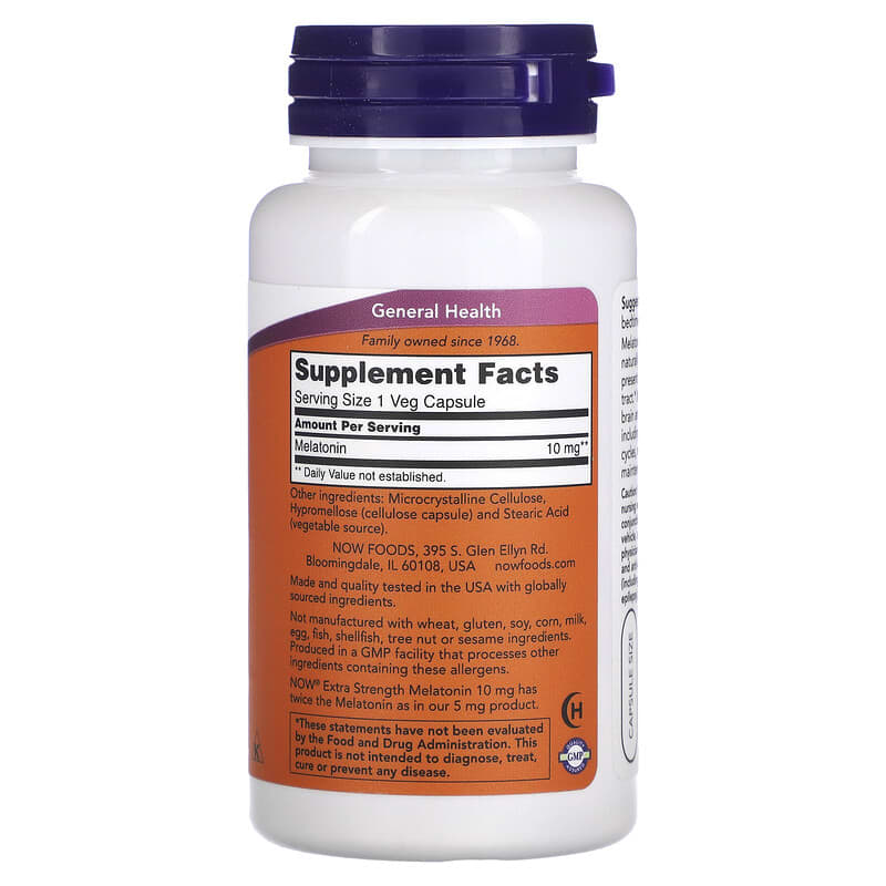 NOW Foods, Extra Strength Melatonin, 10 mg, 100 Veg Capsules - Medaid