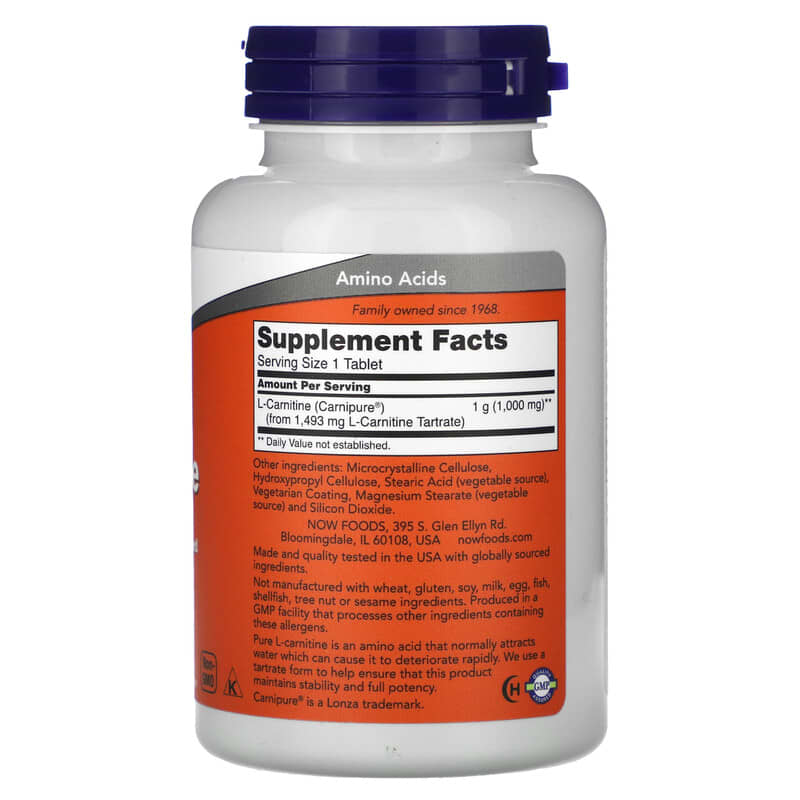 NOW Foods, L-Carnitine, 1,000 mg, 50 Tablets - Medaid
