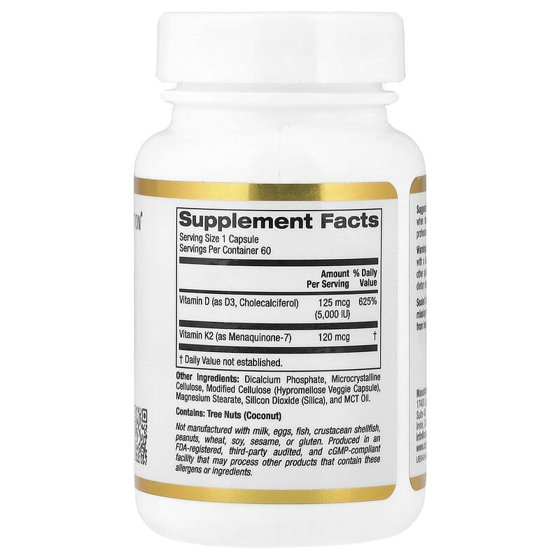 California Gold Nutrition, Vitamin D3 + K2, 60 Veggie Capsules - Medaid