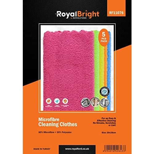 Royalford royalbright 5 piece microfiber cleaning clothes rf11076 powerful and high density cloth for easy efficient 100% anti bacterial super absorbent power multicolor - Medaid