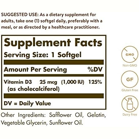 Solgar Vitamin D3 1000 Iu 100 Softgels - Medaid