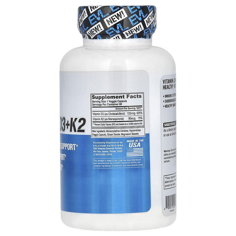EVLution Nutrition, Vitamin D3+K2, 60 Veggie Capsules - Medaid