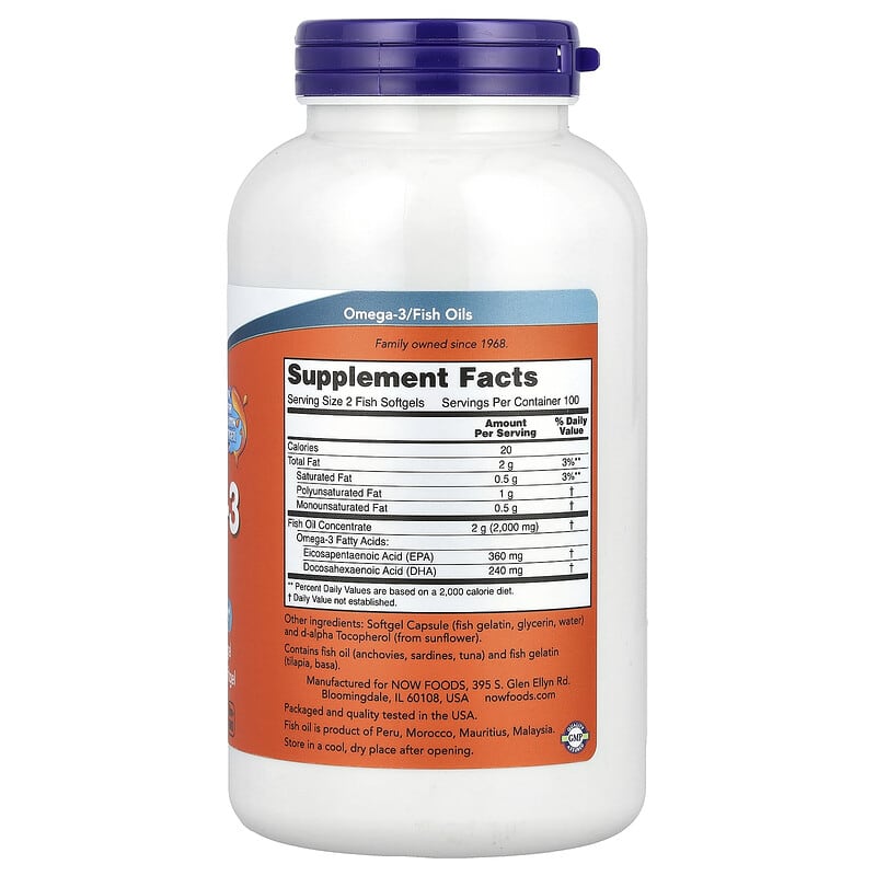 NOW Foods, Omega-3 Fish Oil, 1000 mg, 200 Fish Softgels - Medaid