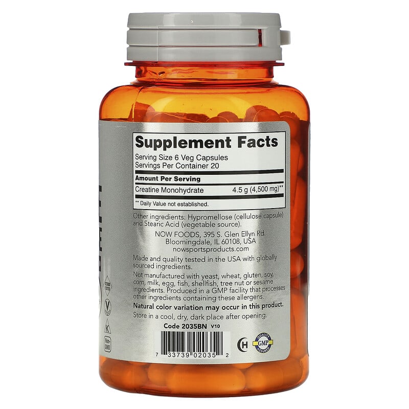 NOW Foods, Sports, Creatine Monohydrate, 4,500 mg, 120 Veg Capsules (750 mg per Capsule) - Medaid