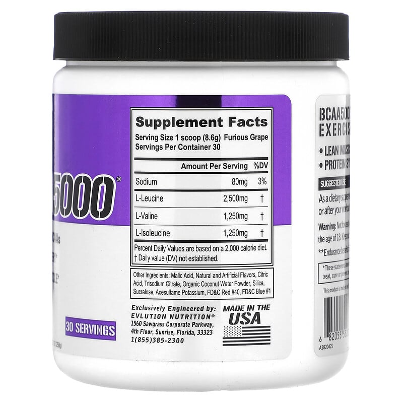 EVLution Nutrition, BCAA5000, Furious Grape, 9.1 oz (258 g) - Medaid